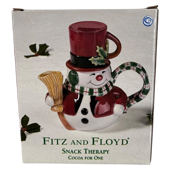 Fitz And Floyd Snack Therapy Snowman Teapot Cup Set Vintage Red Black with Box - Picture 11 of 14